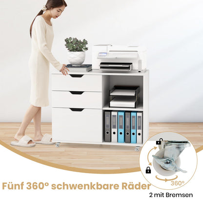 GOPLUS Roll container, mobile filing cabinet with 5 wheels, 3 drawers and 2 open compartments, office cabinet printer stand for documents in A4, letter & legal format (white)