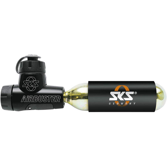 SKS GERMANY AIRBUSTER CO2 bike pump for competitions (CO2 inflator), black & AIRCHECKER (AV/SV) 2nd generation pressure gauge for bicycles, black