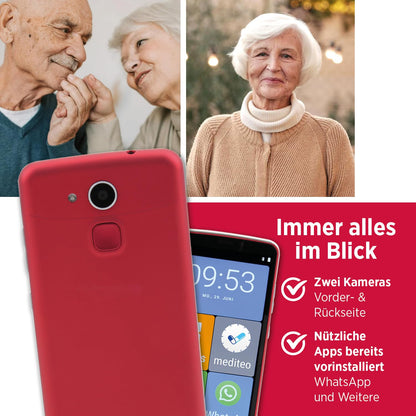 Olympia Neo 16GB senior smartphone | Extra large display | Hearing aid compatible | Emergency button | Senior smartphone 5.5" display | Whatsapp & Mediteo pre-installed | 8MP camera | Red
