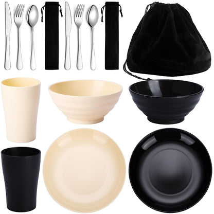 Kyraton Camping Cutlery Set, reusable Lightweight Cup, Bowls, Plates and Stainless Steel Cutlery with black pouch, dishwasher safe.