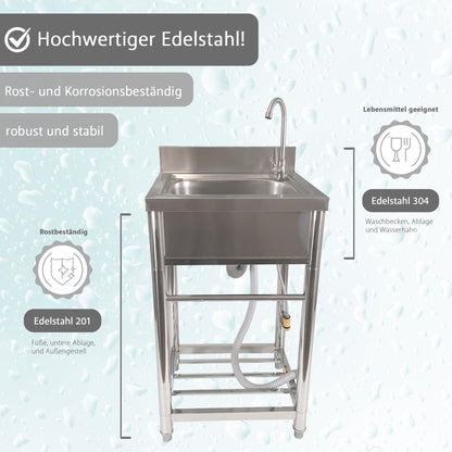Lemodo freestanding sink - stainless steel sink with faucet, garden hose connection, mobile sink for outdoor kitchen, catering and camping, freestanding kitchen sink with shelf
