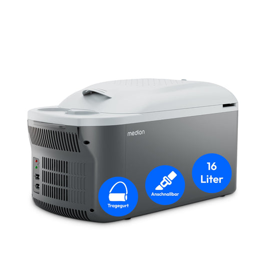 MEDION Coolbox 2in1 Cooling and Heating (16 liters, mobile electric car coolbox, thermoelectric, mini fridge, 2in1 connection 230V & 12V, carrying strap, for holidays, camping and travel, MD13100)