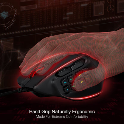 Redragon M811 Aatrox MMO Gaming Mouse, 15 programmable buttons wired RGB mouse with ergonomic grip, 10 side macro keys, software support & backlighting.