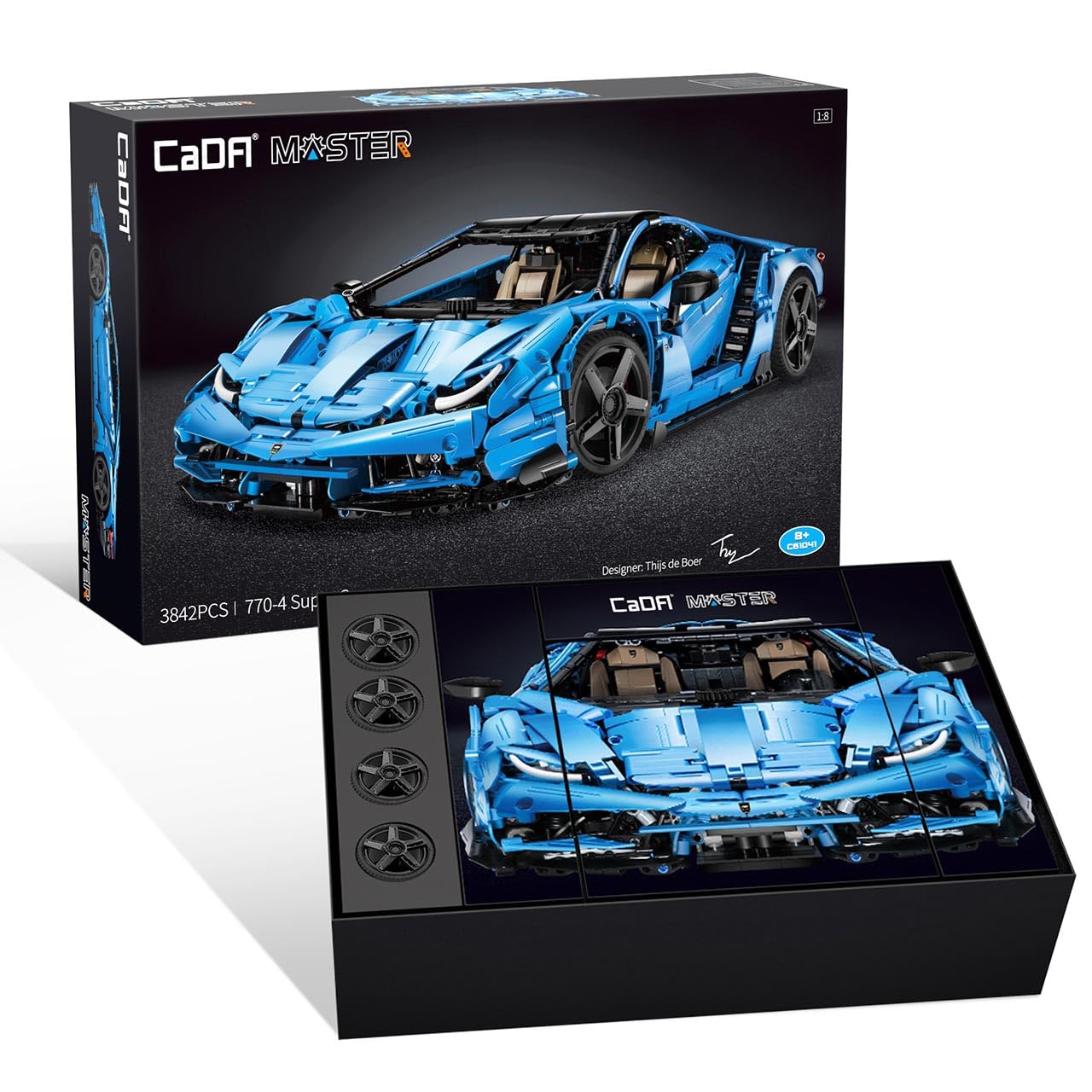 CaDA Italian Supercar, blue, 12-cylinder engine, 3842 pieces (compatible with Lego Technic), designed by MOC Designer Thijs de Boer, C61041 Master, C61041W.