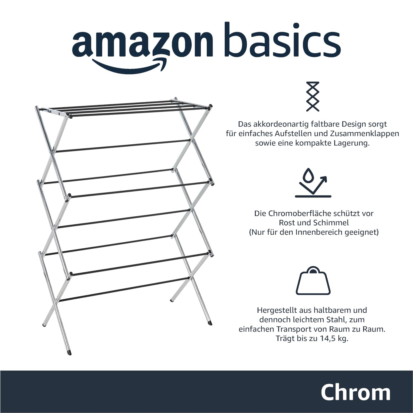 Amazon Basics Folding Clothes Drying Rack made of Alloy Steel for Indoor Use, Apparel, 74.9 x 36.8 x 106.2 cm (LXWXH), Chrome