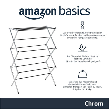Amazon Basics Folding Clothes Drying Rack made of Alloy Steel for Indoor Use, Apparel, 74.9 x 36.8 x 106.2 cm (LXWXH), Chrome