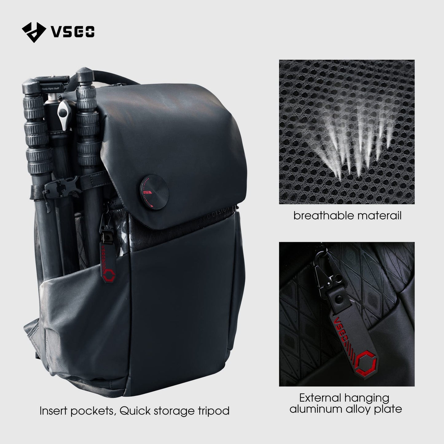 VSGO 20L Professional Camera Backpack designed for DSLR/SLR cameras like Sony, Canon, and Nikon. Also fits DJI RSC2 gimbals, tripods, 15.6" laptops, lenses, and other accessories. Made of waterproof TPU canvas, ideal for travel and outdoor use.
