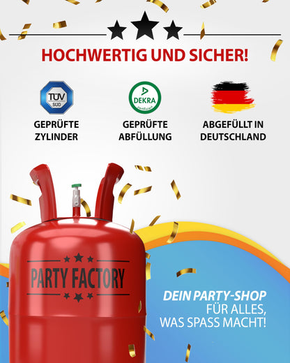 Party Factory helium gas for 30 balloons, helium gas cylinder with gas for latex, foil, and LED balloons, perfect for wedding, birthday, corporate event.