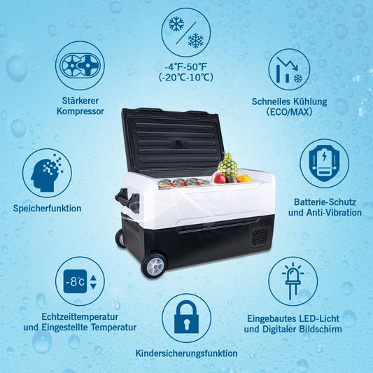 Fullwatt compressor cooler 35L with wheels, freezer with WIFI-APP control, cooling down to -20°C, electric fridge 12V 24V 220V-240V anti-shaking, freezer for camping car, truck, boat.