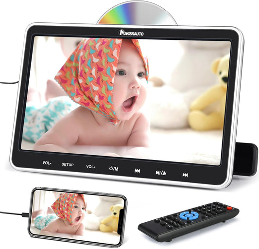 NAVISKAUTO Car DVD Player with HDMI input mount, 10.1 inch portable car TV kids monitor headrest DVD player slot in disc type last memory USB AV in/out 12V