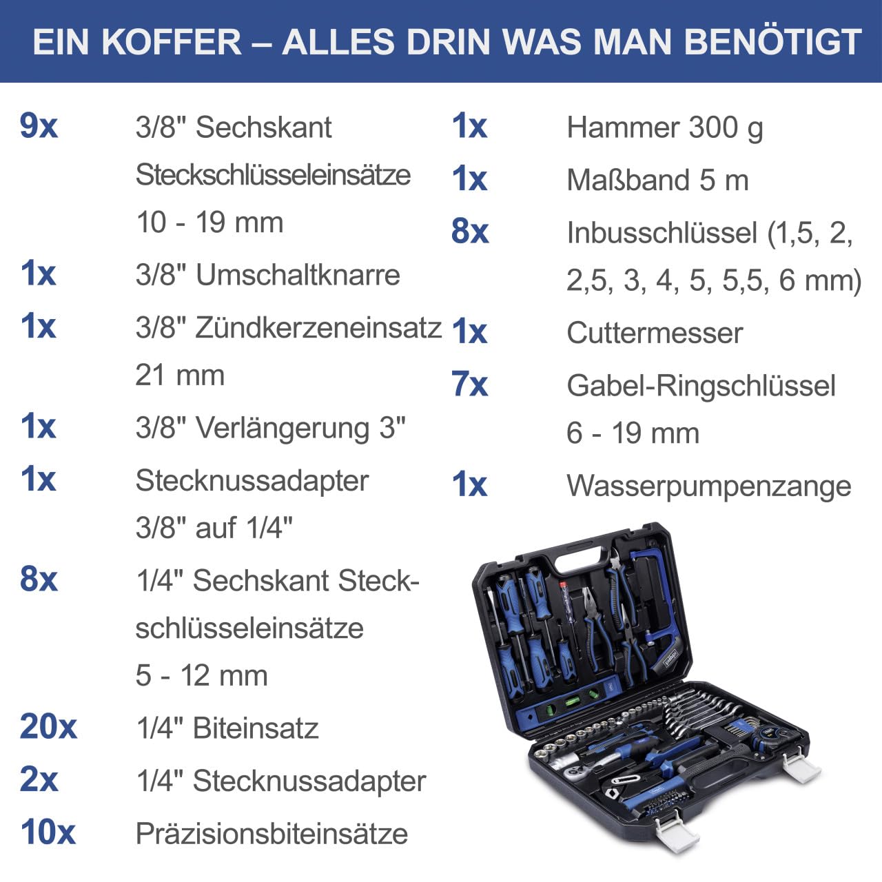 Scheppach tool case WZK120 | 97-piece tool set in sturdy plastic case | Tools with rubberized handles | Bit sets, screwdrivers, hex socket wrench inserts and more.