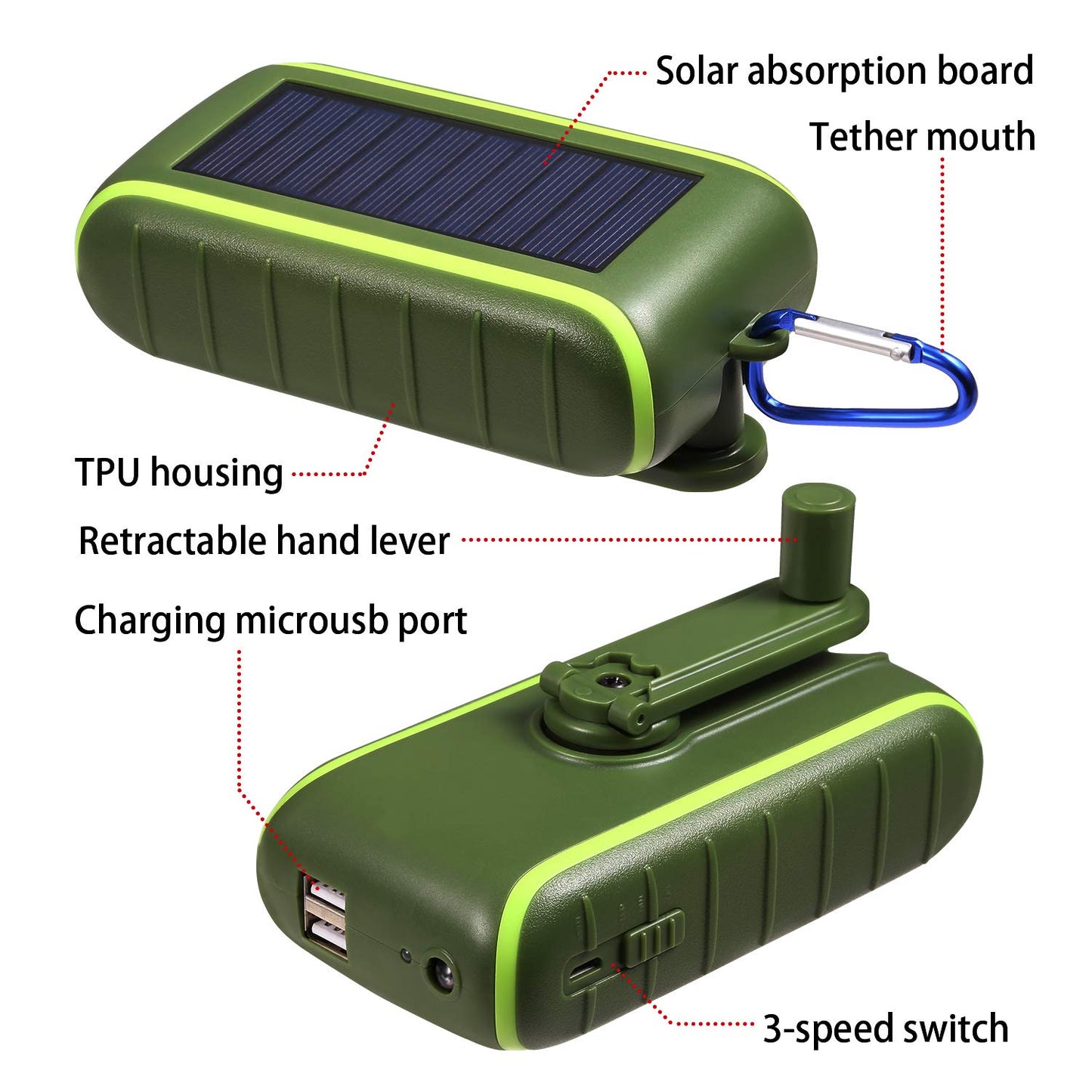 CXYP Powerbank Solar Charger, 12000mAh Hand Crank Power Bank Solar Generator with Dual USB Outputs and Flashlight External Battery for Smartphones, Tablets, and Camping.