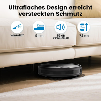 AIRROBO P25 robot vacuum cleaner with 2800 Pa suction power, suitable for pet hair, hard floors, and carpets. Compatible with Alexa and app control, with a running time of 120 minutes and a remote control.