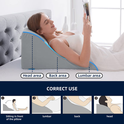 NOFFA Reading Pillow for Bed and Sofa - Memory Foam Wedge Pillow - Ergonomic Backrest Headrest - Perfect for back support while relaxing, playing, reading, or watching TV - Wide