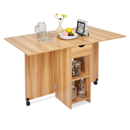 Mondeer Mobile Folding Table, Foldable Dining Table Suitable for Small Spaces with 1 drawer and 2 shelves for dining room and kitchen, 72 x 120 x 75 cm, Red Oak