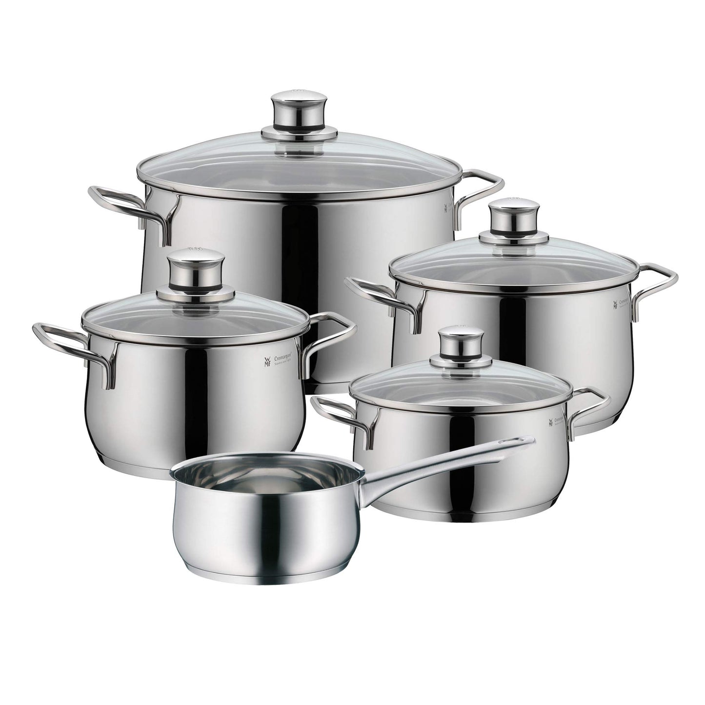 WMF Diadem Plus 5-piece Induction Cookware Set with glass lids, polished Cromargan stainless steel, induction pots set without coating.