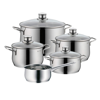 WMF Diadem Plus 5-piece Induction Cookware Set with glass lids, polished Cromargan stainless steel, induction pots set without coating.