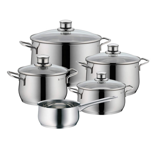 WMF Diadem Plus 5-piece Induction Cookware Set with glass lids, polished Cromargan stainless steel, induction pots set without coating.