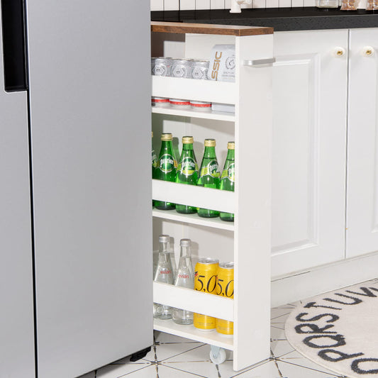 COSTWAY 4-tier rolling narrow kitchen trolley, bathroom shelf with side handle, made of wood, 48 x 13 x 81 cm (white + brown)
