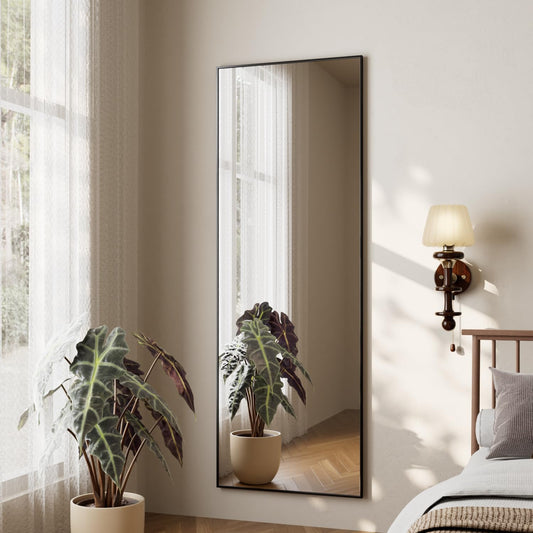 Koonmi full-body mirror, 41x127cm wall mirror with 2 adjustable hanging hooks, hanging mirror with aluminum alloy frame for wardrobe and bedroom, black