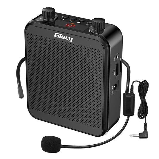 Giecy Portable Bluetooth Speaker (30W) with 7.4V/2800mAh Lithium Battery and microphone headset. Rechargeable mini voice amplifier for trainers, teachers, tour guides, and meetings.