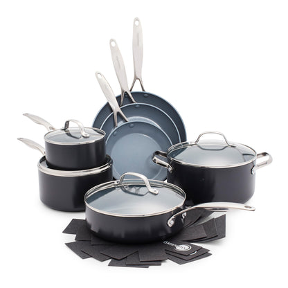 GreenPan Valencia Pro Hard-Anodized Healthy Ceramic Nonstick 11-Piece Cookware Set, Pots and Pans, PFAS-Free, Includes Skillets, Saute Pans, Induction, Dishwasher Safe, Oven Safe, Gray