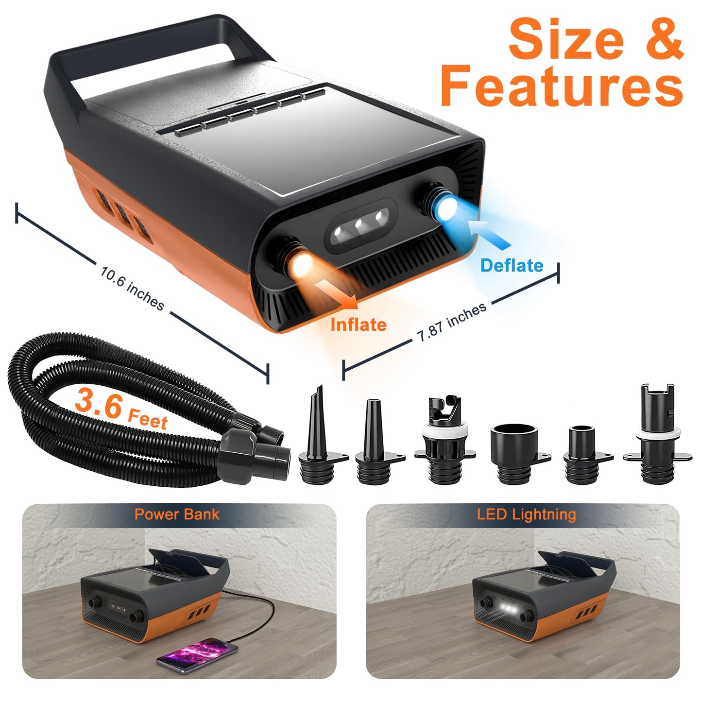 Mojimdo Electric SUP Pump Battery, 20PSI Rechargeable Air Pump, Power Bank and Emergency Light, Auto-Off, 12V DC & Type-C, with 6 Nozzles, for Stand Up Paddle Boards, Kayaks, Tents, Mattresses.