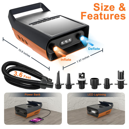 Mojimdo Electric SUP Pump Battery, 20PSI Rechargeable Air Pump, Power Bank and Emergency Light, Auto-Off, 12V DC & Type-C, with 6 Nozzles, for Stand Up Paddle Boards, Kayaks, Tents, Mattresses.