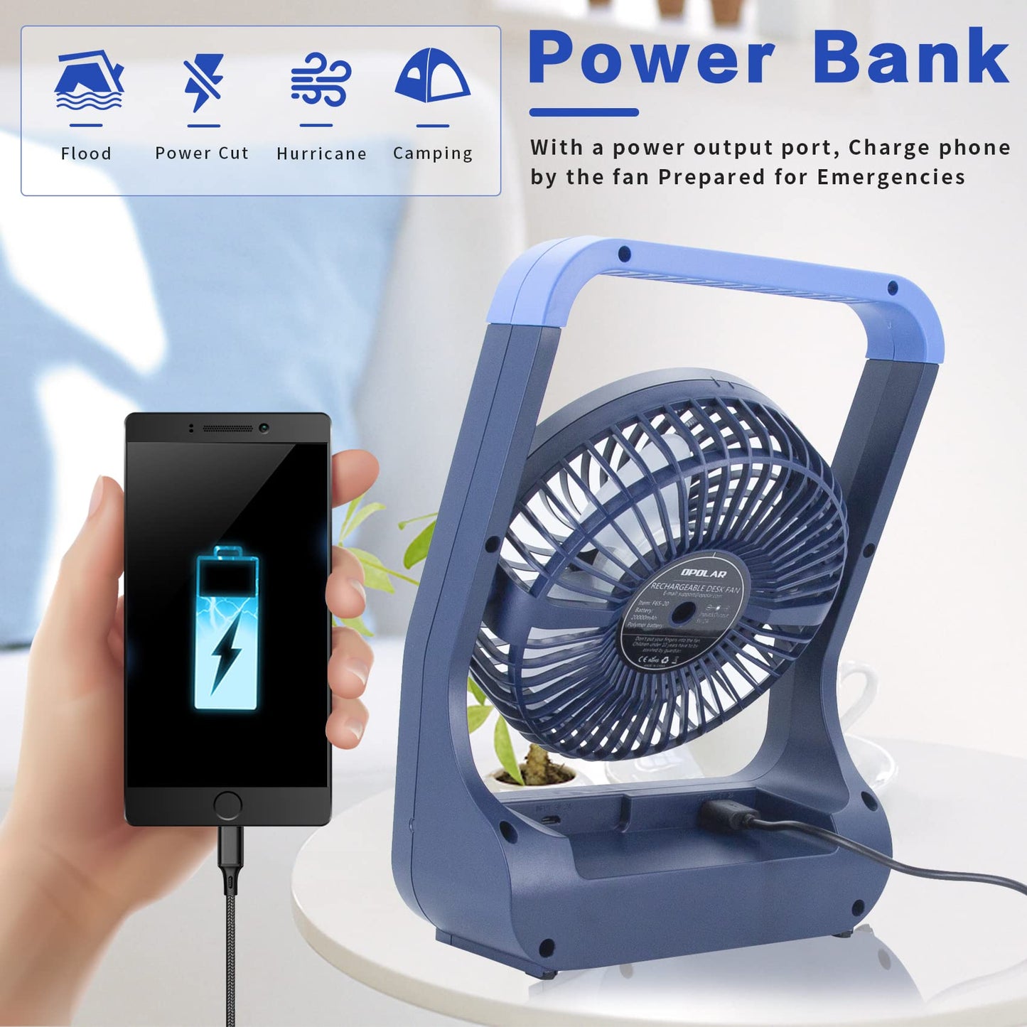 USB Desk Fan 20000mAh Mini Fan, Small and Quiet with 3 speeds, 180° rotation, up to 200 hours of runtime. Easy to carry for office, home, and outdoor use.