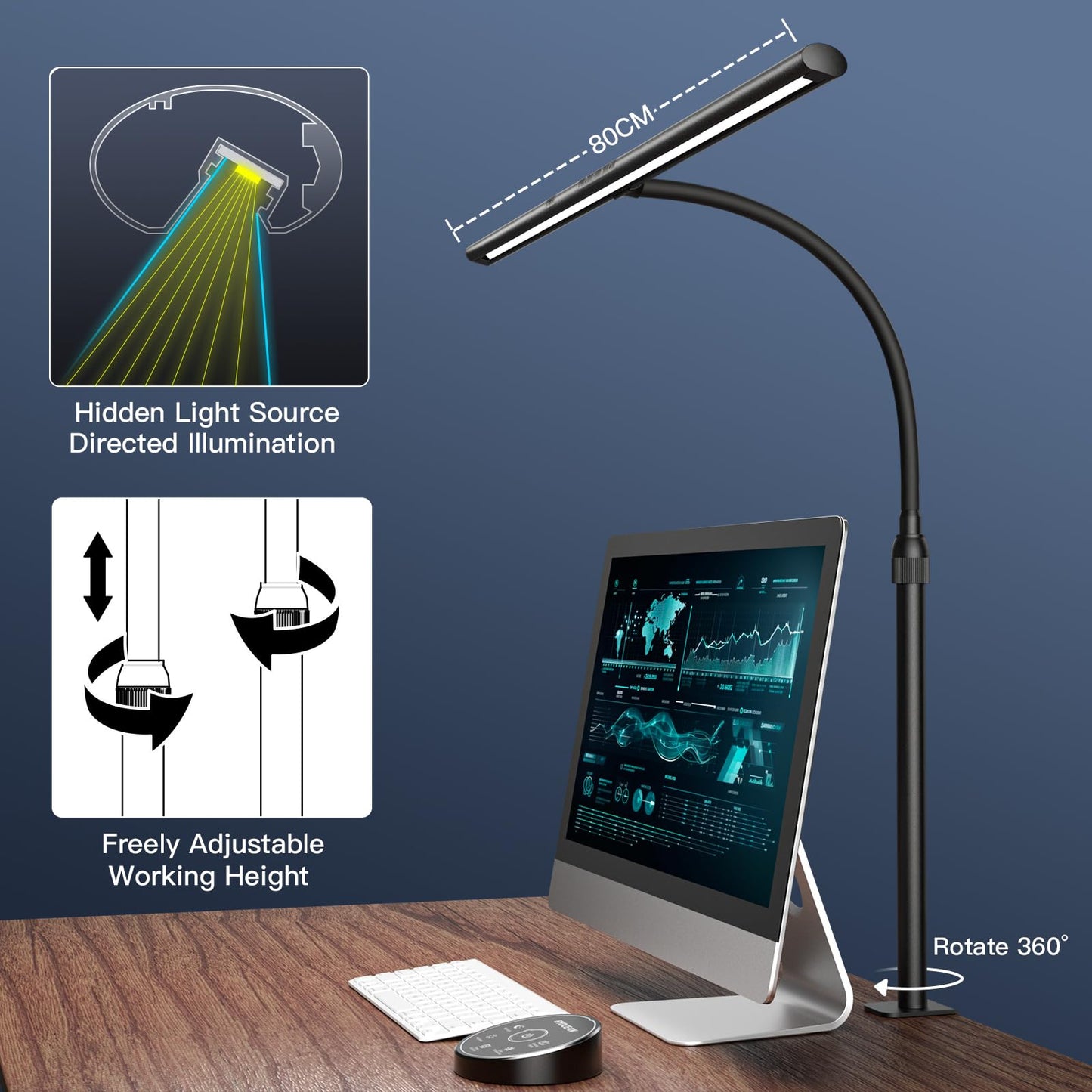 EYOCEAN desk lamp LED, 24W 80CM table lamp with gesture control, dimmable daylight lamp eye protection monitor lamp for office workers readers architects tailors.
