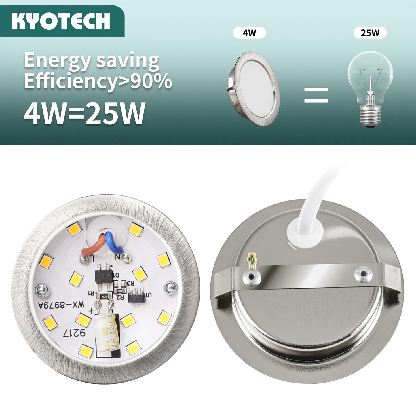KYOTECH 6-pack of 230V LED furniture lights, 3.5W LED IP44 G4 15mm flat furniture recessed spotlights in brushed stainless steel look, 3000K warm white, kitchen hood light, bathroom spotlight.