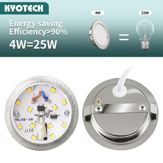 KYOTECH 6-pack of 230V LED furniture lights, 3.5W LED IP44 G4 15mm flat furniture recessed spotlights in brushed stainless steel look, 3000K warm white, kitchen hood light, bathroom spotlight.