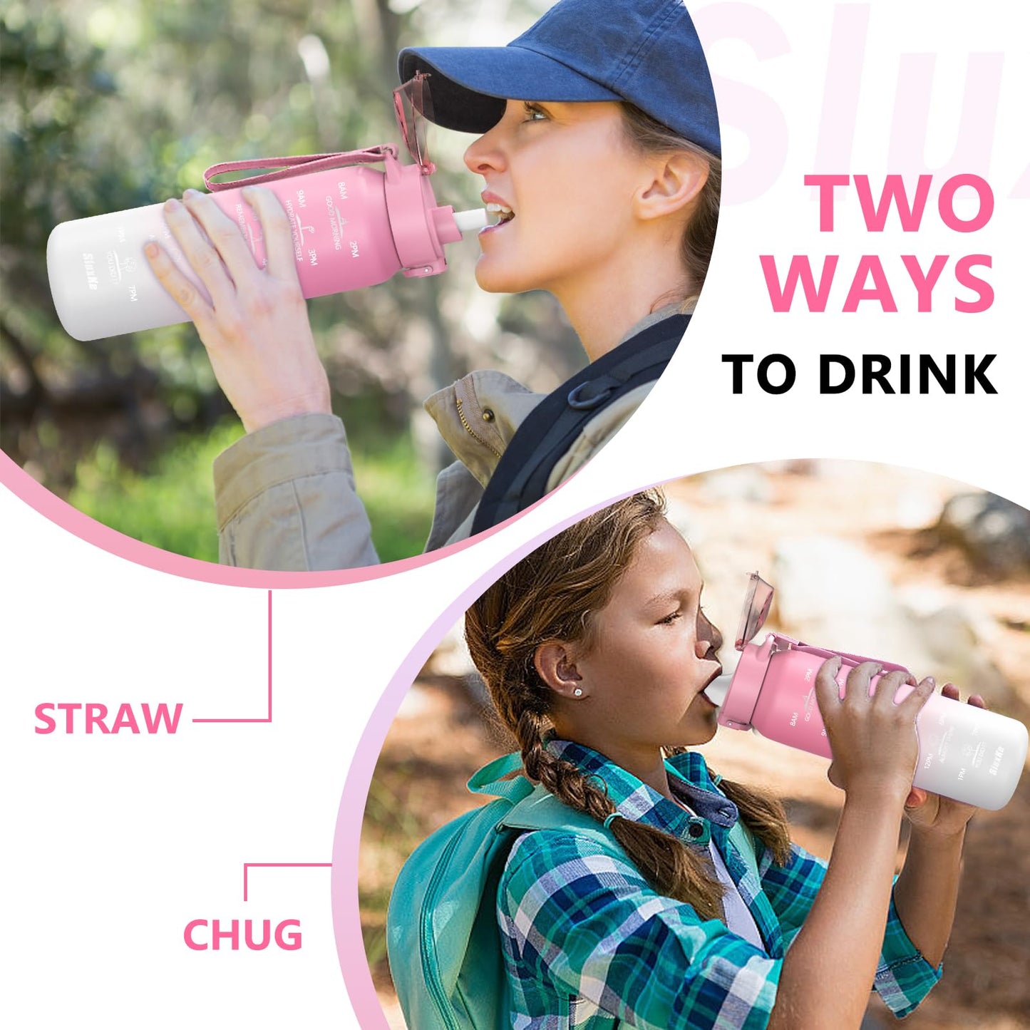 SLUXKE Stainless Steel Sports Water Bottle with Straw 700ml, [18/10 Stainless Steel] Bottle with 2 Lids, Leakproof Double Wall for Outdoor, Work, Kids (Pink White)