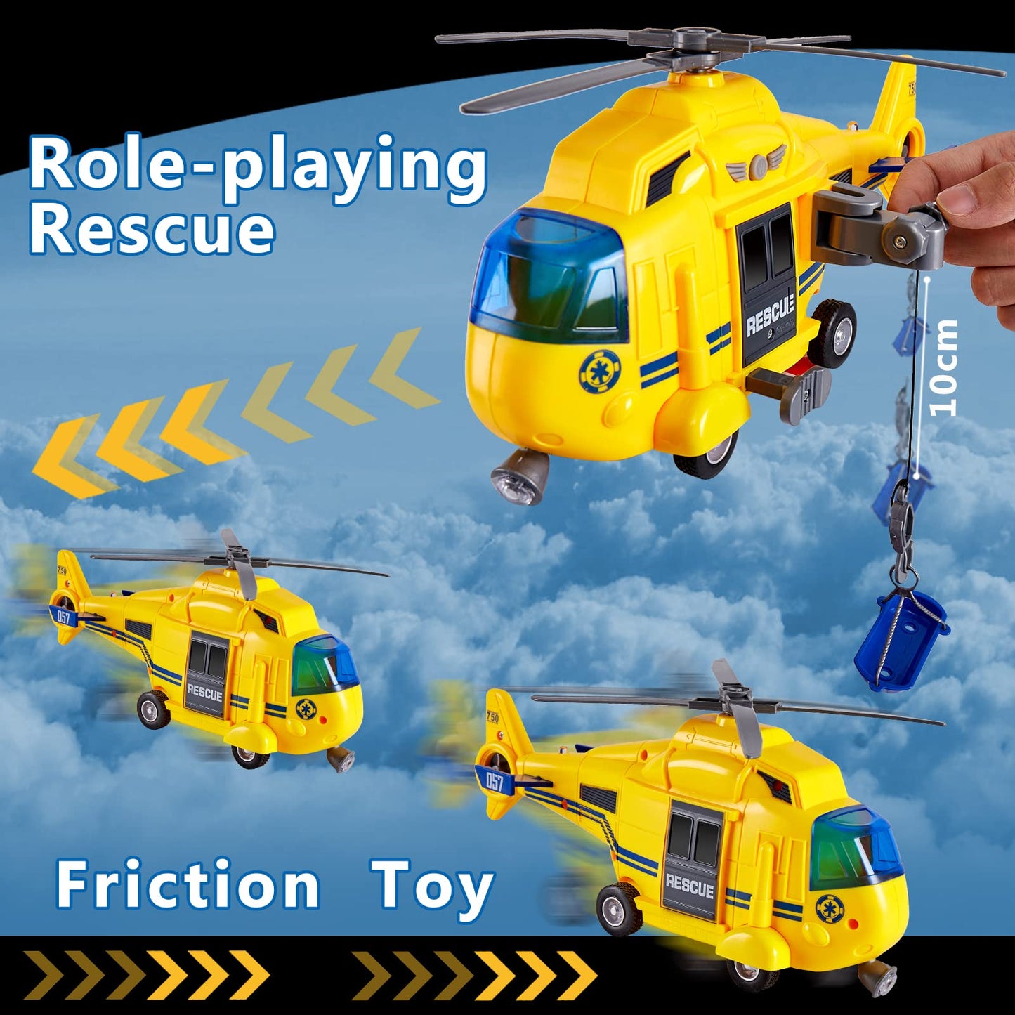HERSITY helicopter toy with rotating propeller, airplane toy big lights and sounds helicopter kids toy with moving winch, stretcher, 28cm, gift for boy 3 4 5 years.
