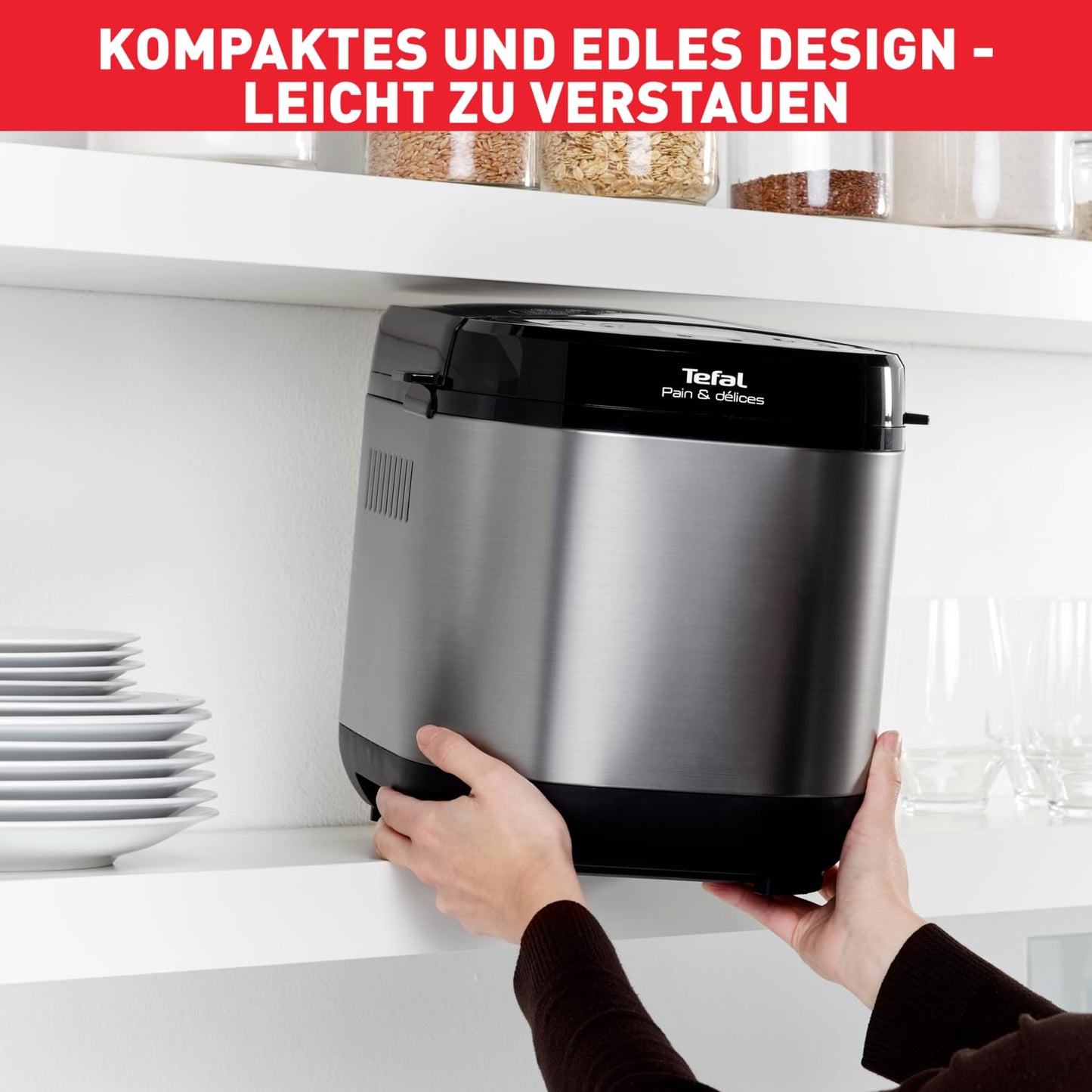 Tefal Bread Maker Pain & Délices, 20 baking programs, 3 adjustable loaf sizes and crust settings, also for cakes - pizzas - pasta dough, non-stick baking pan, black/stainless steel, PF240E