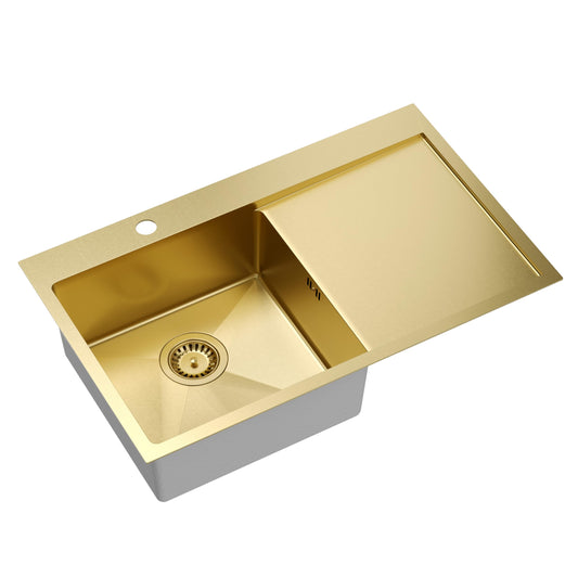 QUADRON sink single Stainless steel sink | Size 78 x 48 x 20 cm Color: Pvd-Golden | RUSSEL 111 Drop-in sink with faucet hole | Single-bowl kitchen sink with steel basin Stainless steel sink