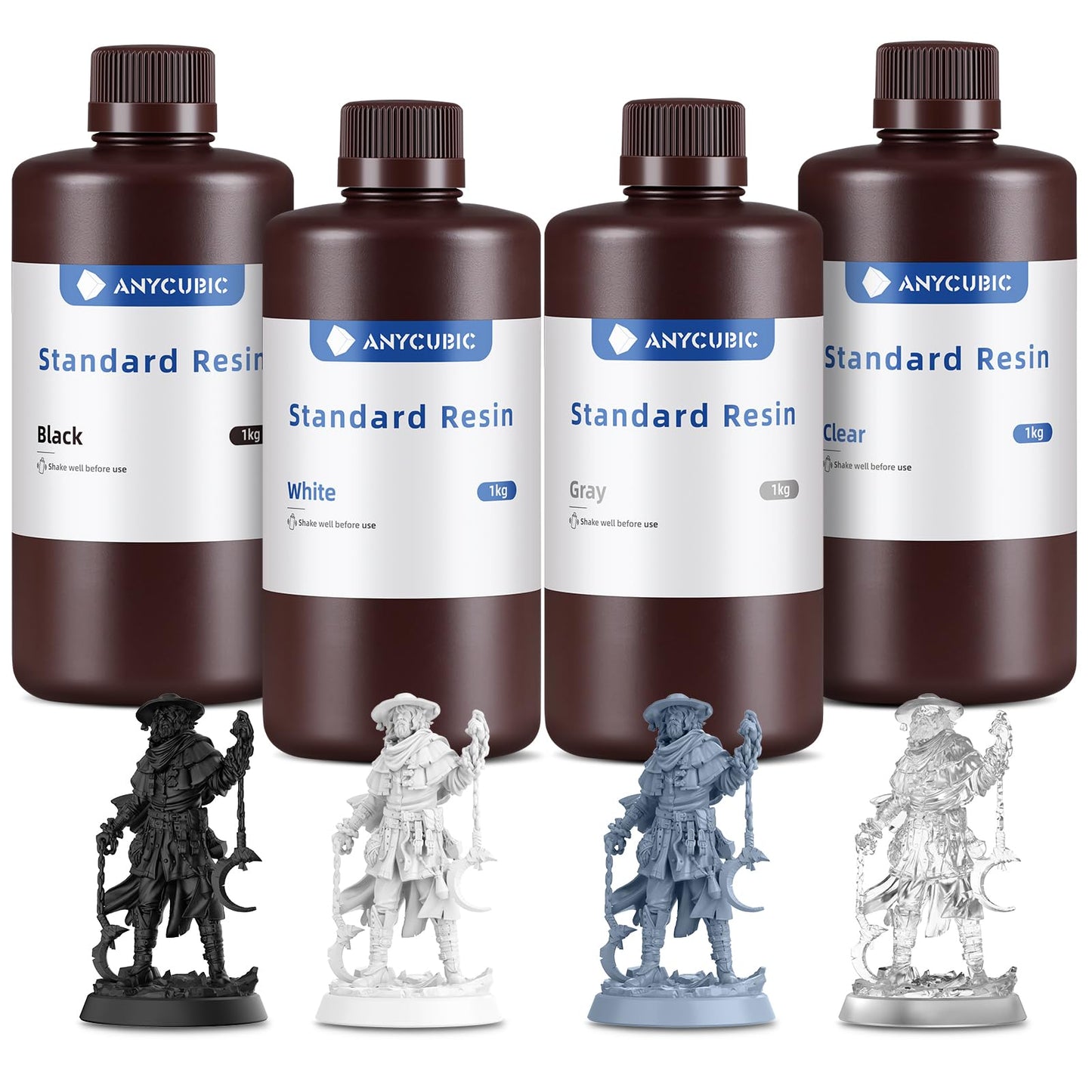 ANYCUBIC 3D Printer Resin, UV 405nm Standard Rapid Photopolymer Resin, with High Accuracy and Fast Curing for LCD DLP 3D Printer (Black+White+Gray+Clear, 1kg, 4pcs)