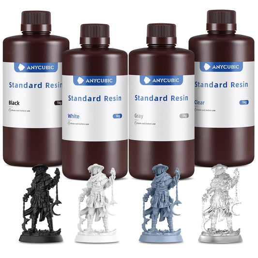 ANYCUBIC 3D Printer Resin, UV 405nm Standard Rapid Photopolymer Resin, with High Accuracy and Fast Curing for LCD DLP 3D Printer (Black+White+Gray+Clear, 1kg, 4pcs)