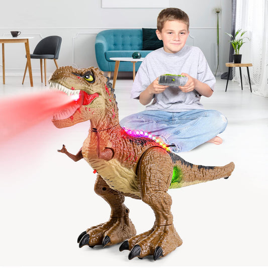 BAZOVE 2.4GHz remote control dinosaur toy with 360° spin stunt, spraying function, roaring, and LED light, electronic T-Rex dino toy gift for boys girls 3+ years old.