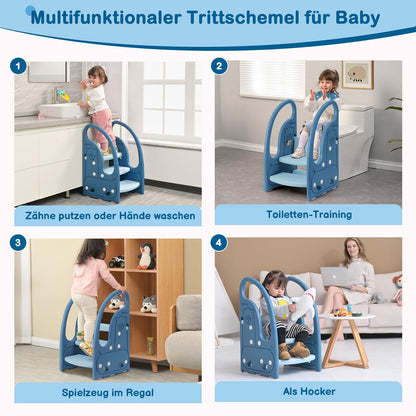 Onasti step stool for kids, Three-step height adjustable toddler stool for baby, Comfortable handrail, Multifunctional, Anti-slip, Suitable for approx. 1.5 to 6 years old - (Blue)