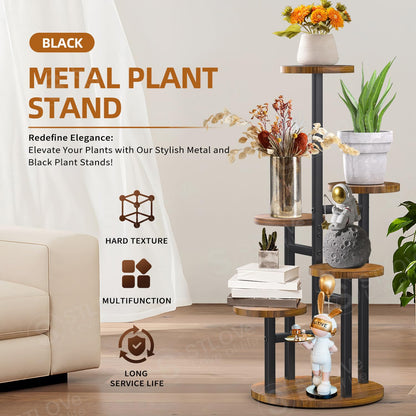 STLOVe plant stand wooden flower stand 6-tier flower rack plant rack corner metal indoor outdoor for multiple plants living room corner outdoor balcony garden, black