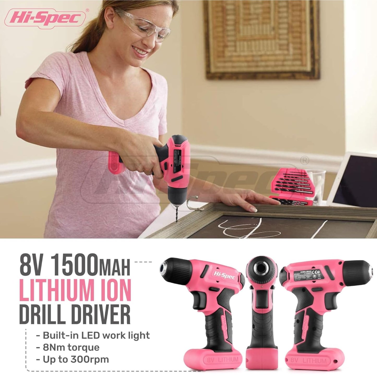 Hi-Spec 58 piece tool set in pink. Cordless drill toolbox tool kit: Tool case filled with 8V cordless drill - tools for women household workshop DIY.