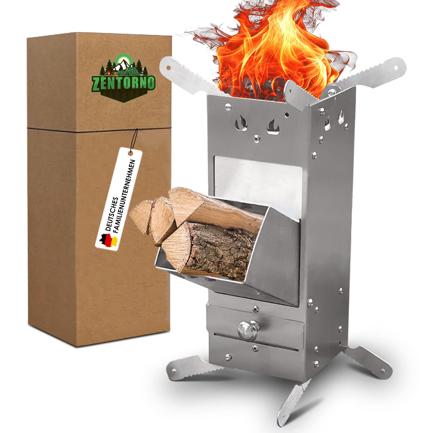 Zentorno Rocket Stove 2023 with carrying bag | Outdoor stainless steel wood stove [rustproof] Camping stove for pans and pots with Ø 15-25cm | Rocket Stove, (WMCP06-SF4)