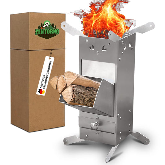 Zentorno Rocket Stove 2023 with carrying bag | Outdoor stainless steel wood stove [rustproof] Camping stove for pans and pots with Ø 15-25cm | Rocket Stove, (WMCP06-SF4)