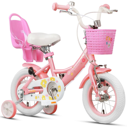 Glerc Maggie 12 inch kids bike for 1 2 3 4 year old girls. Princess style with doll seat, basket, training wheels & bell. Perfect birthday gift, pink to white.