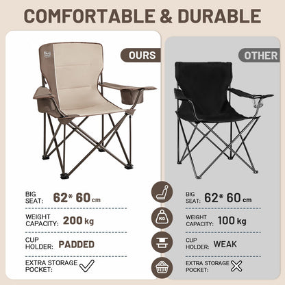 TIMBER RIDGE Folding Camping Chair 200KG Oversized 63cm Wide Seat Portable Camp Chair Comfortable Padded with Insulated Cooler Bag Camping Recliner Garden Chair Fishing Chair