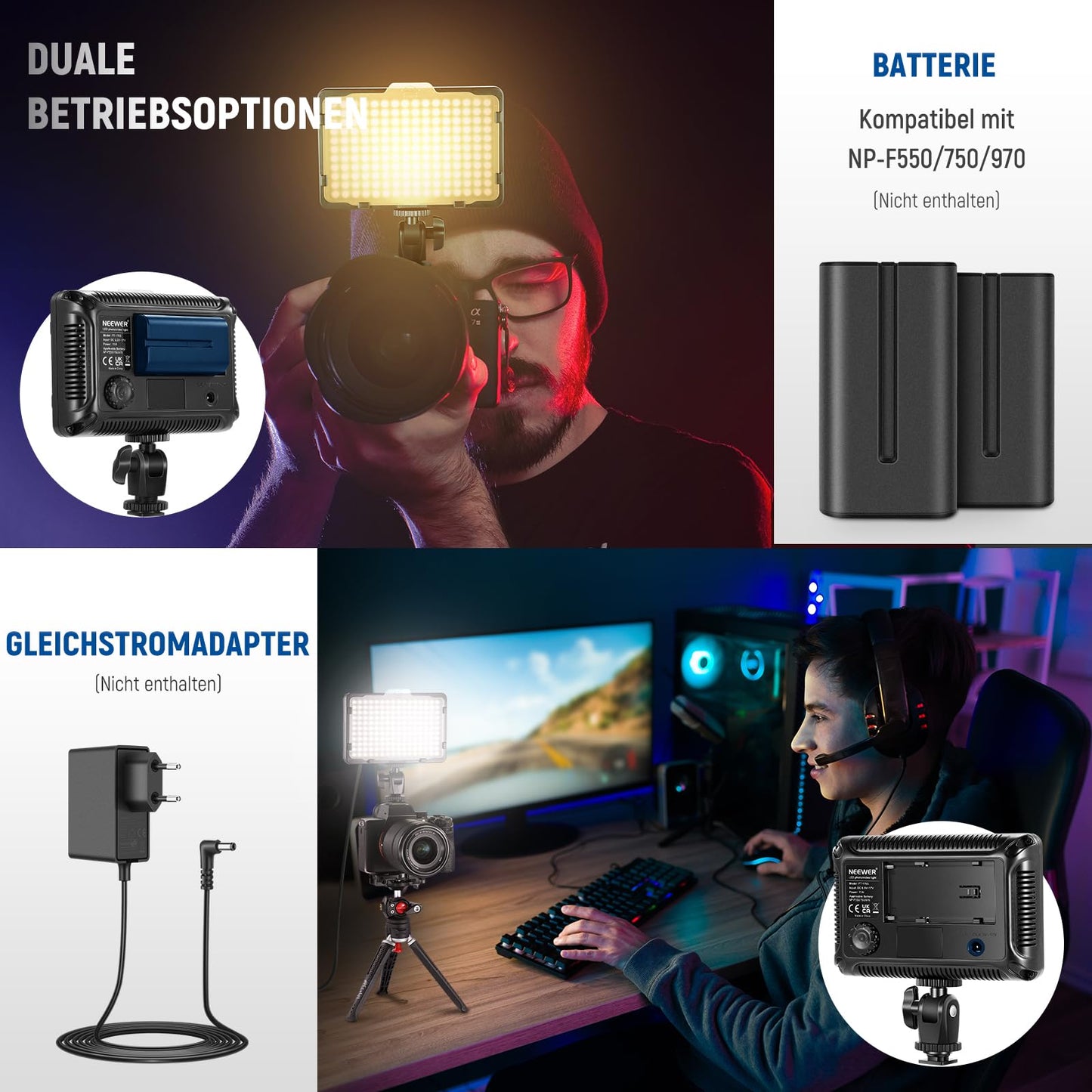 NEEWER 176 LED Video Light Set: Dimmable video light panel, streaming light with 2200mAh Li-Ion battery, key light with USB charger and carrying bag for product and portrait lighting camera photography.