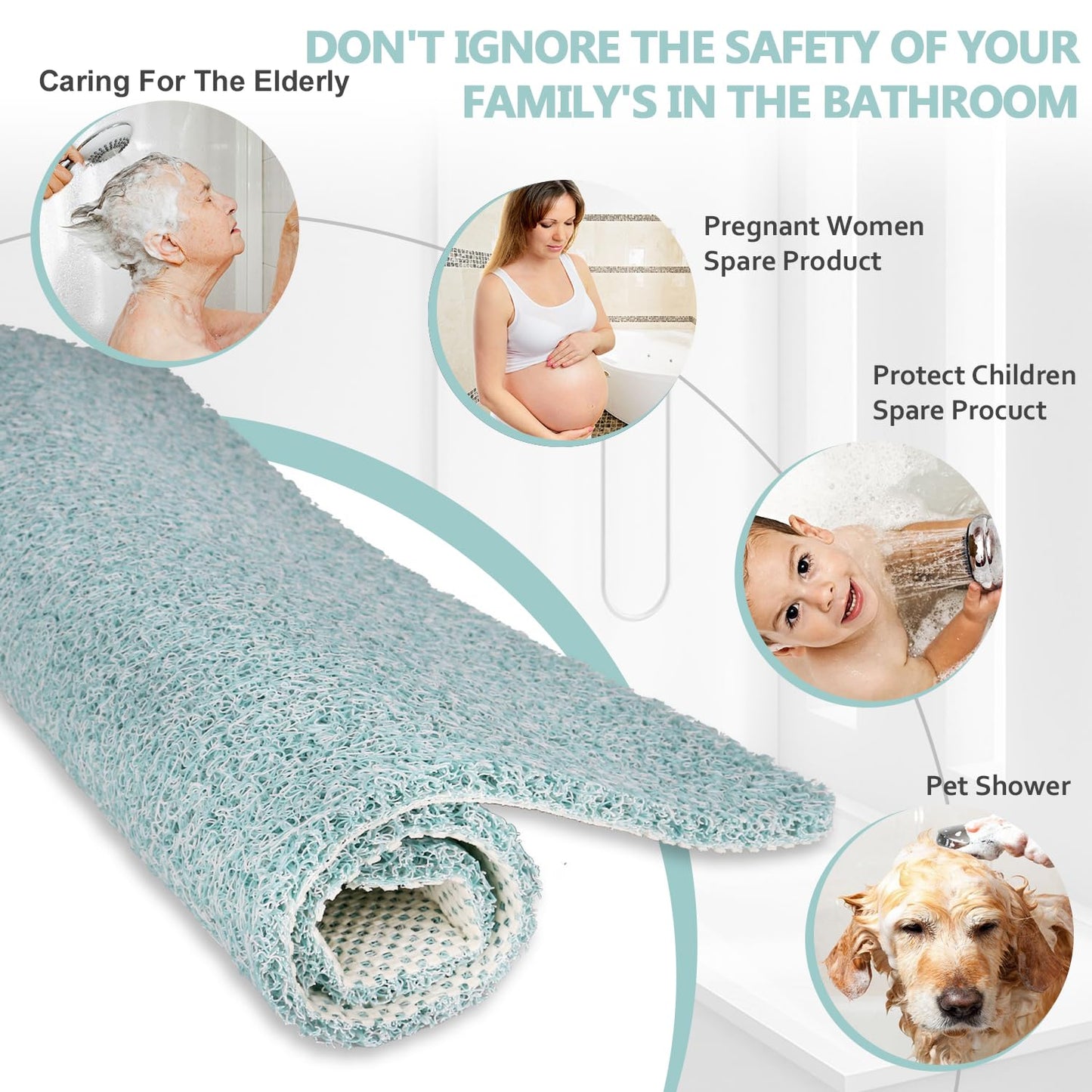 Square shower mat, non-slip anti-mold bath mat 53x53 cm, luffa shower mats for indoor shower, quick-drying bath mat for bathroom floor, bathtub mat for elderly people.