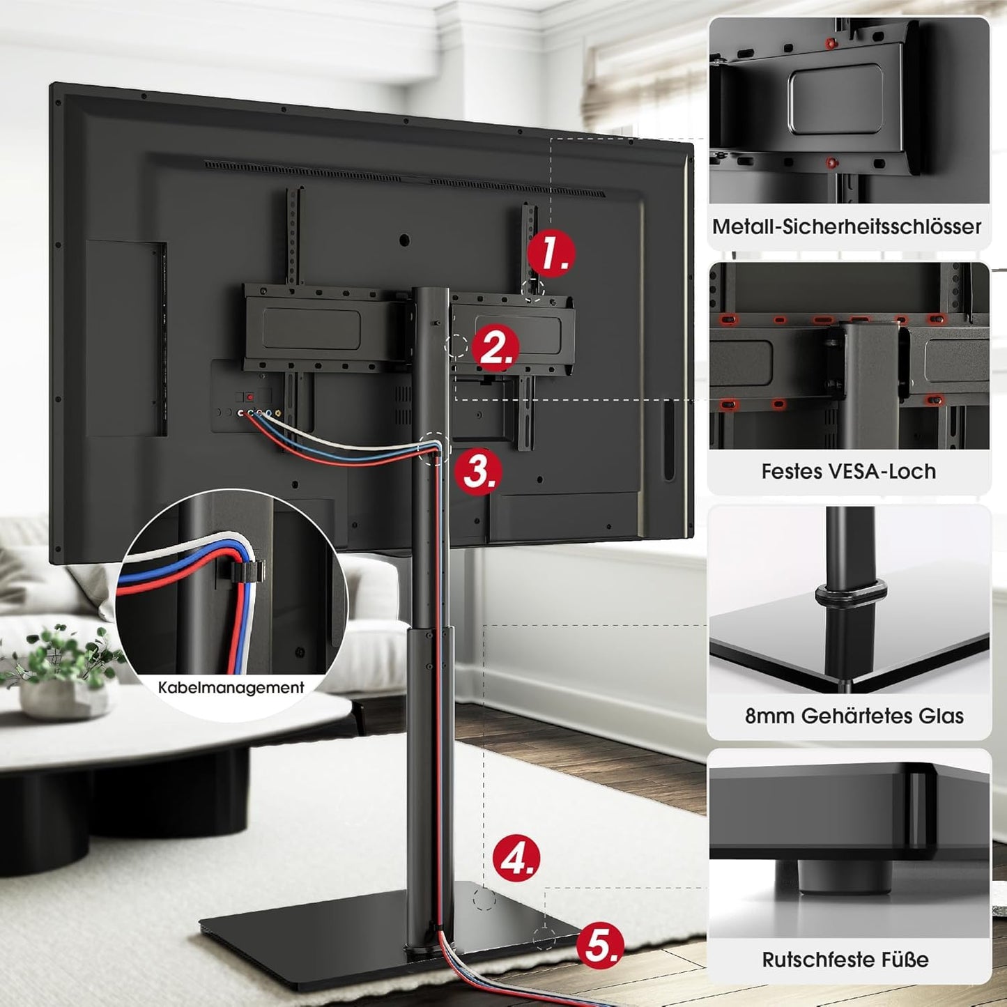 AOKCOS TV stand floor stand Height 1.6m for 43-75 85 inch TVs, Tilt Swivel Height Adjustable TV stand, Universal TV stand feet base Max VESA 600x400mm 50KG (Black)