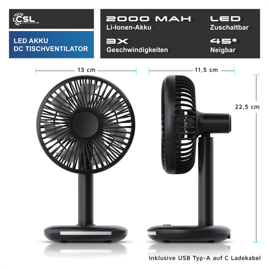 CSL - Table Fan with 2000 mAh Battery - USB Fan - Desk Fan - 3-speed - Energy Efficient - Very Quiet